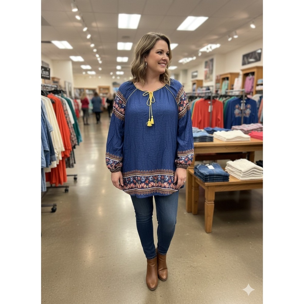 Signature Studio Size XL Boho Shirt. Blue With Embroidery Around Neck And Cuffs.